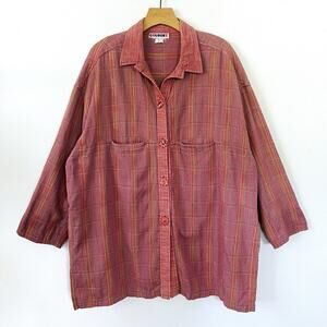 Vintage 90s Red Cotton Plaid Top Faded Check Oversized // Plus Size 1X or‎ XXL